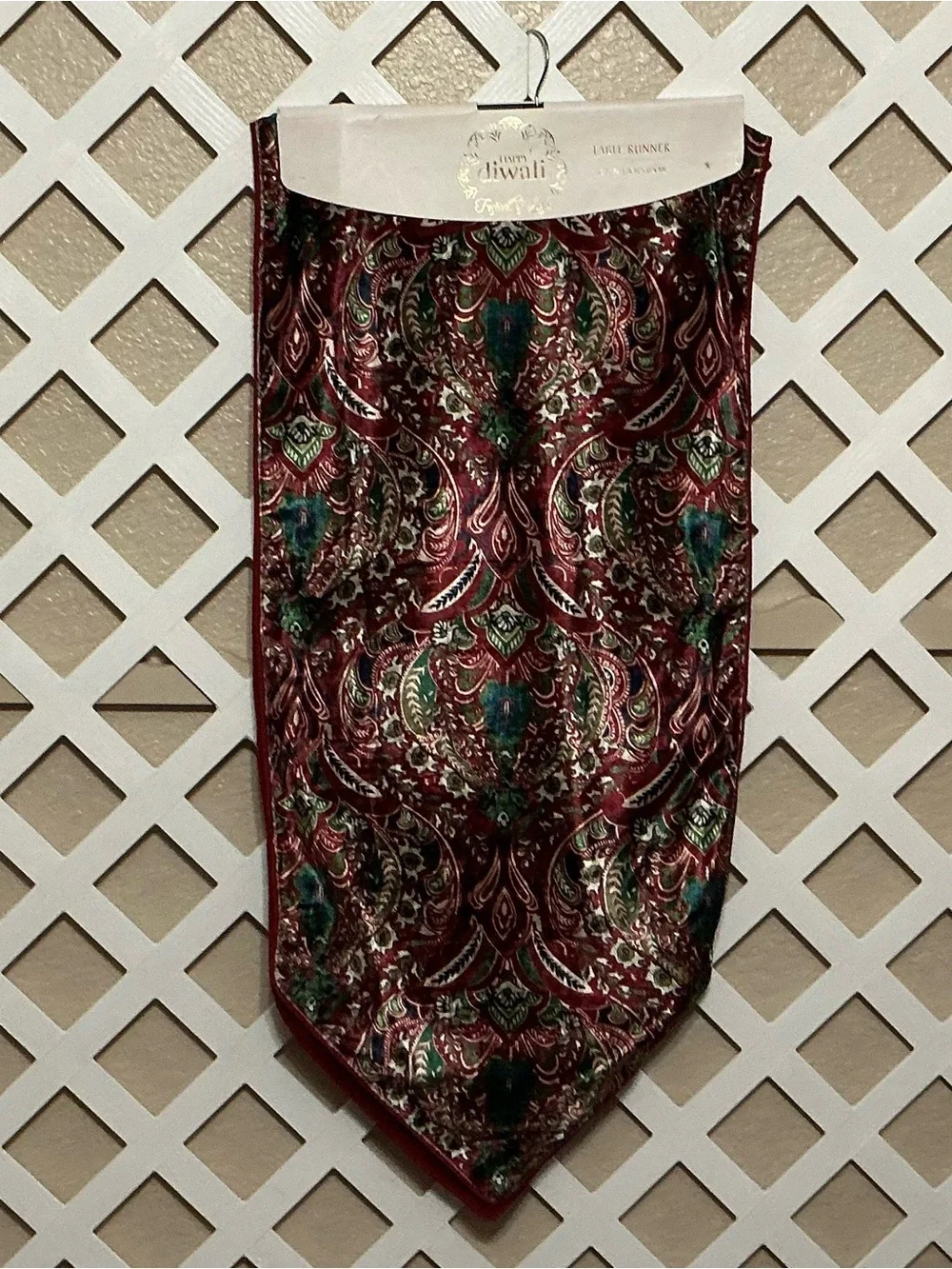 “Festival of Light” Burgundy & Green Paisley Print Velour Table Runner